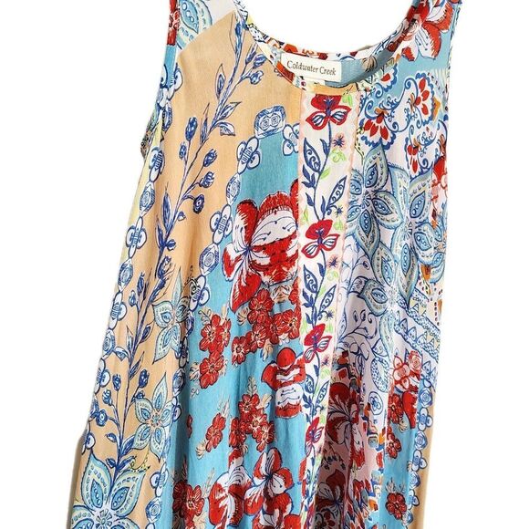 Coastal Boho Patchwork Floral Maxi Dress XS Sleeveless Flowy High Low Hem Resort - Picture 3 of 10